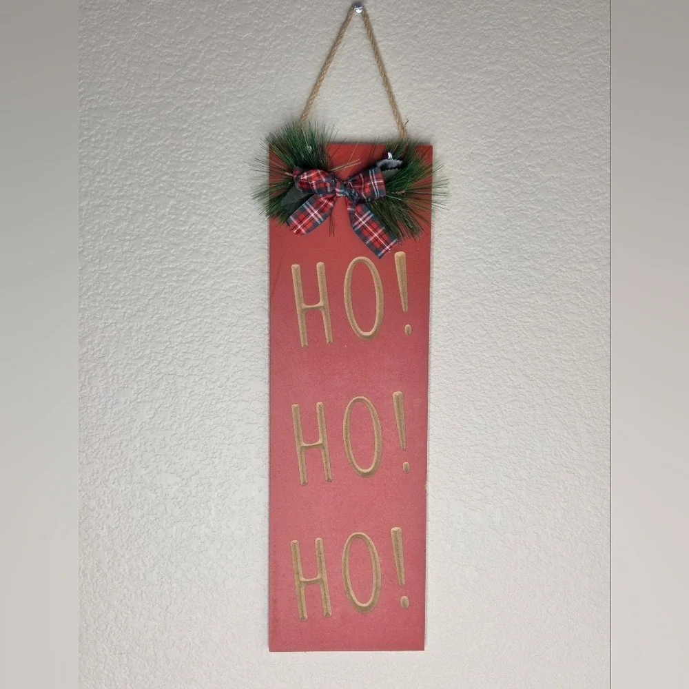 Red Ho Ho Ho Wooden Holiday Wall Hanging Sign Red‎ Buffalo Check Bow